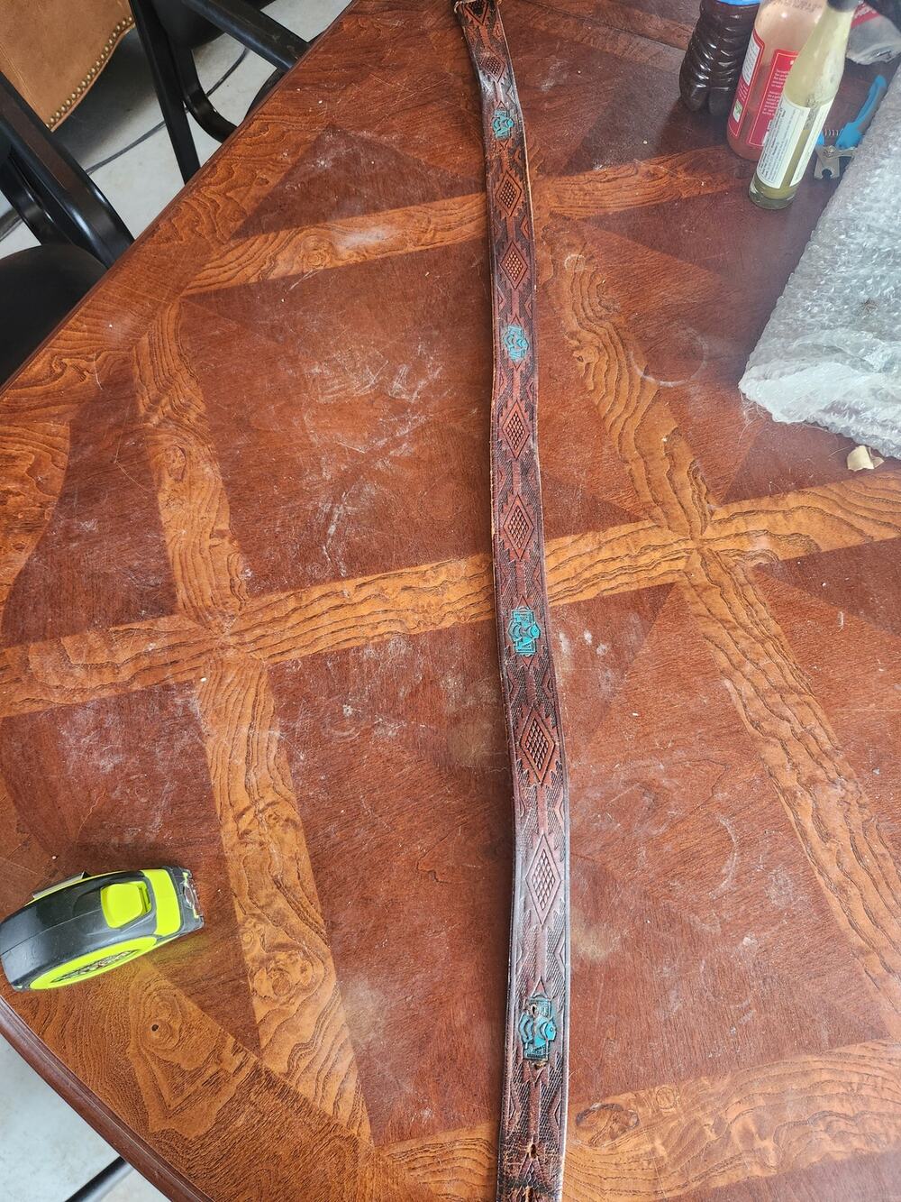 Vintage Southwestern Tooled Leather Belt w/ Turquoise Thunderbird Inlay